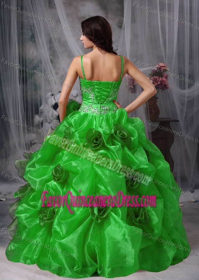 Modernistic Green Straps Floor-length Organza Beaded Quinceaneras Dress
